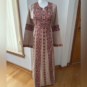 Embroidered Beige and Red Maxi Dress